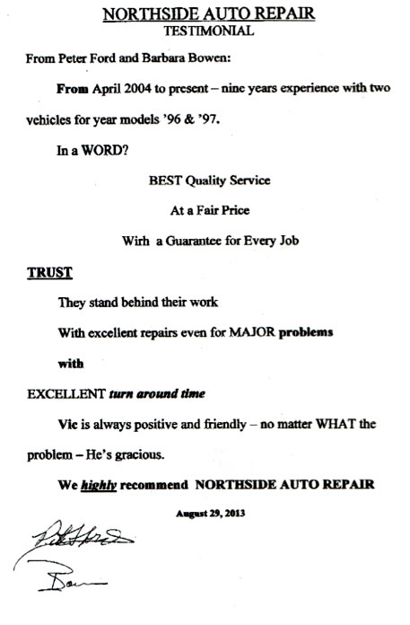 Peter Ford Testimonial - Best quality auto repair service from Northside Auto Repair